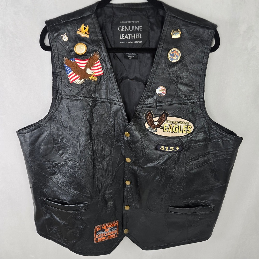 Leather Biker Vest Mens XXL Black Patchwork Fraternal Order of Eagles Navarre
